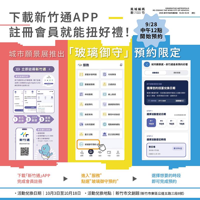 下載「新竹通」APP預約「2026新竹市城市願景展」，將限定版玻璃御守帶回家。