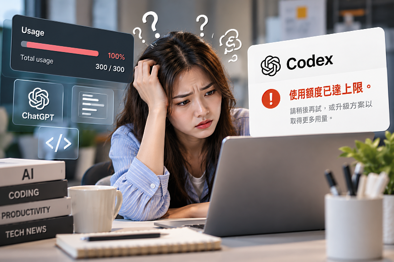 明明已經付費訂閱 AI，Codex 卻突然跳出「使用額度已達上限」？Codex 的額度消耗並非單純按照提問次數計算，還會受到模型選擇、任務複雜度等因素影響。了解使用限制與額度計算方式，才能避免工作做到一半突然卡關。圖為情境示意。