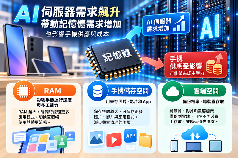 隨著AI伺服器需求攀升,記憶體供應與成本也受到影響,未來可能反映在手機售價及規格配置上。準備換新手機前,先搞懂RAM、手機儲存空間與雲端空間的差別,才能把錢花在真正需要的容量上。圖為情境示意。