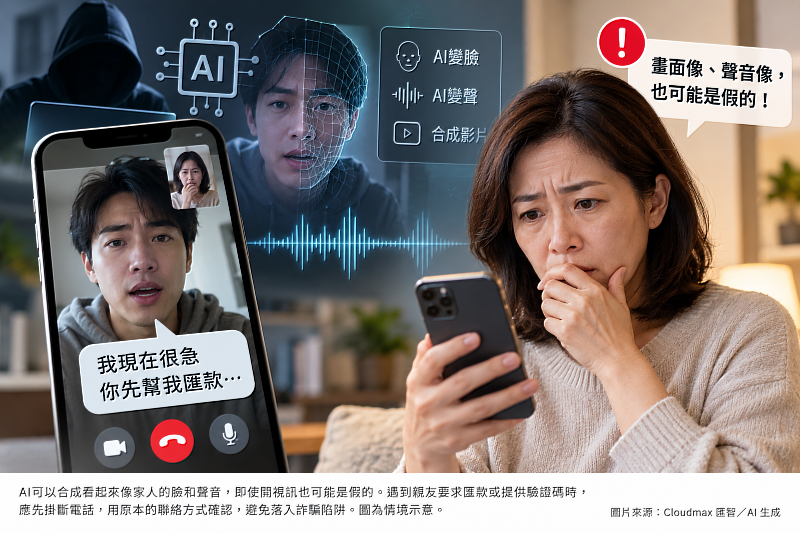 AI變臉、變聲技術愈來愈逼真,即使視訊畫面出現熟悉的家人,也不能只憑長相或聲音確認身分。遇到親友突然借錢、要求匯款或索取驗證碼,應先掛斷電話,透過原本的聯絡方式再次確認,避免落入假冒親友的詐騙陷阱。