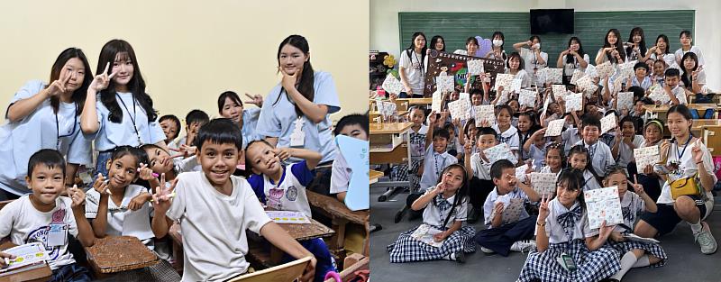 國立臺南護專國際青年志工團與Pintong Gubat小學及Mabuhay小學學生合影。