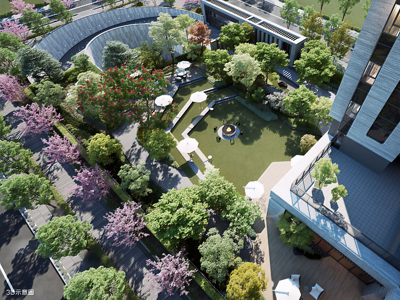 圖片為3D示意,1700坪四季景觀私苑、規畫階梯式大草皮與篝火台。