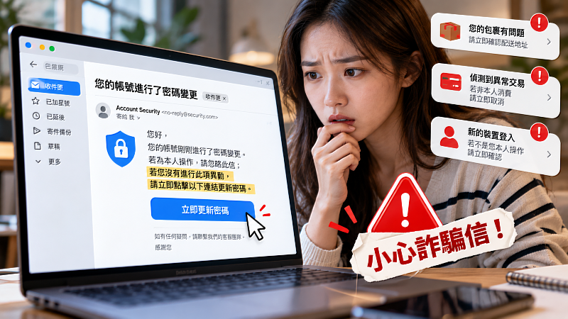 「若非本人操作,請立即點擊連結更新密碼」看起來像是在提醒你保護帳號,卻也可能正是釣魚信件的陷阱。收到個資外洩、異常登入或交易通知時,別急著跟著訊息裡的連結操作,先確認哪些資料可能受到影響,再回到官方App或網站查證與處理。
