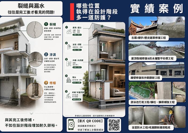 TitanForce™高強度碳纖維防水砂漿可應用於屋頂裂縫修復、防水層整平、牆面修復、浴室防水及老屋翻新牆面粗底等工程。