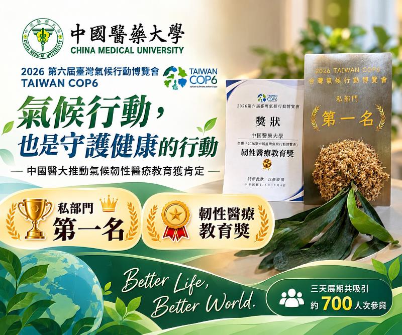 中國醫藥大學參加「2026第6屆臺灣氣候行動博覽會（TAIWAN COP6）」，榮獲「私部門第1名」及「韌性醫療教育獎」。