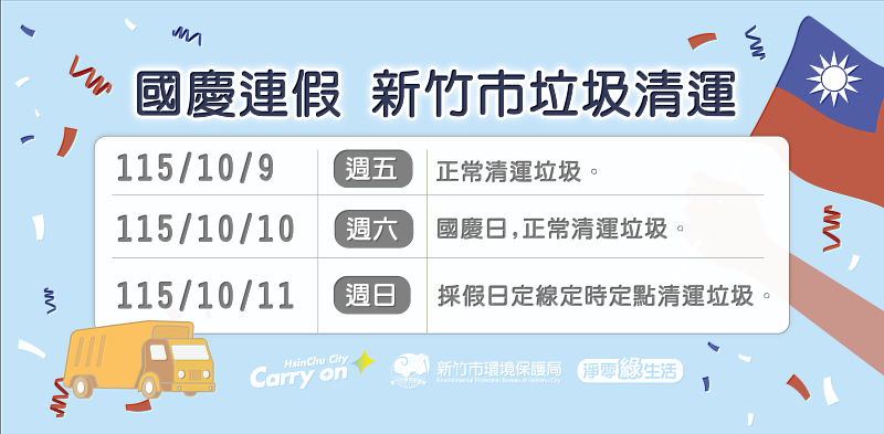 國慶連假新竹市垃圾清運資訊。