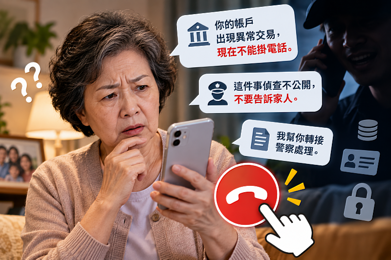 接到可疑電話時,不要以為故意陪對方多聊幾句就是在浪費詐騙集團的時間。只要通話還在繼續,對方就有更多機會製造緊張、套取資訊,甚至阻止你向家人、銀行或警方查證。最安全的做法是先掛斷電話,再自己找到官方聯絡方式重新確認;對方愈不希望你掛電話,愈要提高警覺。