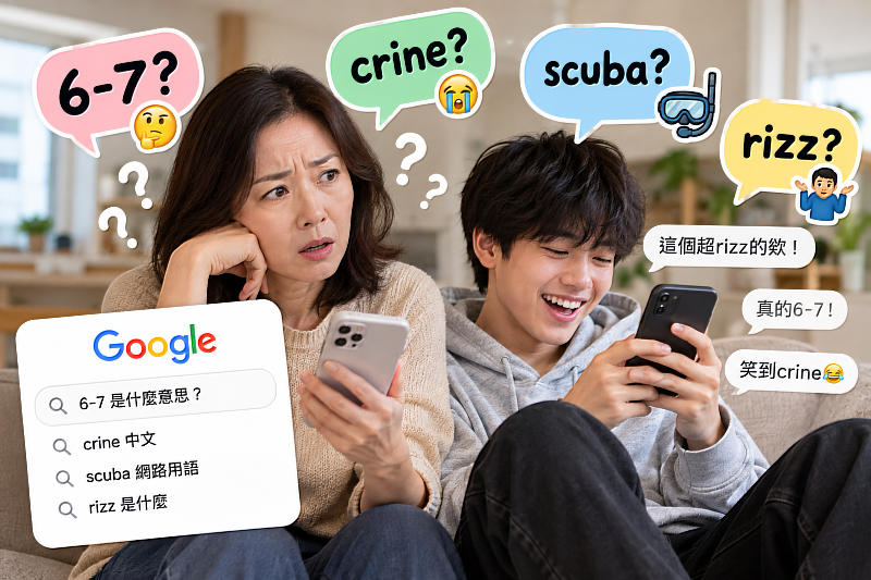 社群、遊戲、短影音和迷因正在快速創造新的網路用語,讓不同世代即使用同一種語言聊天,也可能愈來愈聽不懂彼此。像「6-7」、「crine」、「scuba」或「rizz」這些詞,真正的意思往往不在字典裡,而藏在特定社群和網路文化中;大人開始Google孩子的用語,也成了另一種很有趣的世代差。