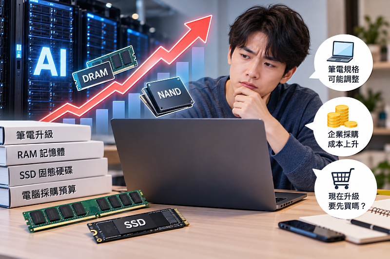 AI資料中心持續擴建,DRAM與NAND需求升高,也讓一般電腦使用者與企業採購開始感受到成本壓力。近期記憶體與SSD價格持續上升,未來可能反映在筆電規格、升級成本與設備採購預算上;準備換電腦或規劃明年汰換設備的人,都值得多留意記憶體市場的變化。