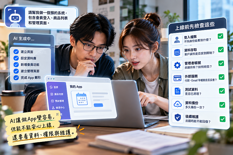 AI正在降低做App的門檻,從建立頁面、調整功能到設定資料,愈來愈多工作都能直接用文字交給AI協助完成。不過正式上線前,還是要確認登入權限、資料存取、管理者帳號、備份與後續維護,因為「做得出來」和「能不能安心營運」仍是兩件不同的事。