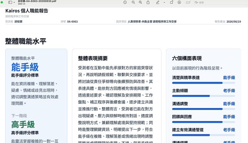 圖2、演練後的Kairos個人職能報告，以整體等級與各構面表現呈現可觀察行為，支援後續個人化回饋與再次練習。