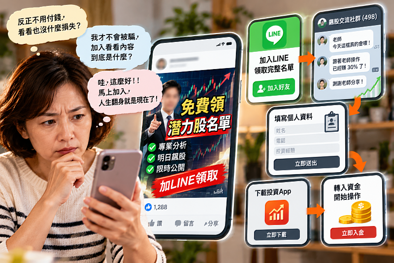 假投資訊息通常不會一開始就要求匯款,而是先用「免費潛力股」、「老師帶操作」等話術吸引注意,再把使用者帶到LINE群組,接著要求填寫個資、下載陌生App或把資金轉到指定平台。看到投資訊息不斷把你帶往更封閉、更難查證的地方,就應該先停下來確認來源。