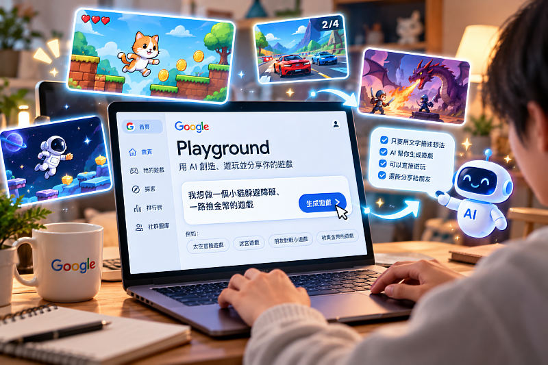 不會寫程式,也能從一句話開始做遊戲。Google推出Playground,讓使用者用文字描述玩法,再由AI協助生成可以實際遊玩、修改與分享的作品。AI正在把遊戲設計從專業開發工具,慢慢變成更多人也能參與的創作方式。