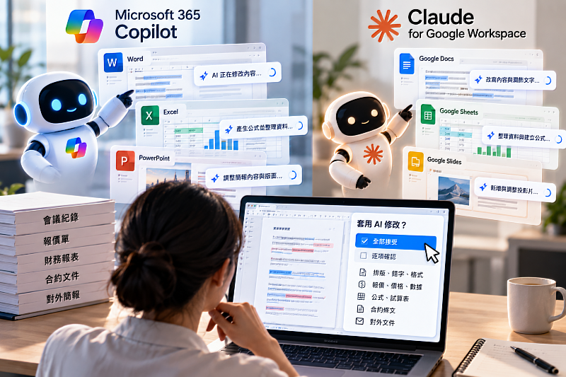 AI正在從「提供建議」走向「直接修改文件」。無論是Microsoft 365 Copilot,還是Claude for Google Workspace,都能進入日常辦公文件協助改寫、整理資料與調整內容;但排版、錯字可以追求效率,報價、公式、合約與對外文件,仍需要保留清楚的人工確認。