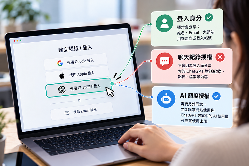 用ChatGPT登入其他網站，主要是拿來確認你的身分，不代表聊天紀錄、記憶或檔案會一起分享出去。如果第三方還想取得更多資料，或使用你的ChatGPT方案額度，通常需要另外取得授權；看到熟悉的登入按鈕，也別忘了看清楚每一步到底同意了什麼。