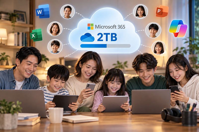微軟調整Microsoft 365家庭訂閱方案，原本最多6人各享1TB的OneDrive雲端空間，將改為全家共用2TB。新制雖讓家庭成員能更彈性地分配儲存容量，但總空間也從最高6TB縮減至2TB，對習慣備份大量照片、影片及工作檔案的家庭可能帶來影響。圖片來源：Cloudmax 匯智／AI生成