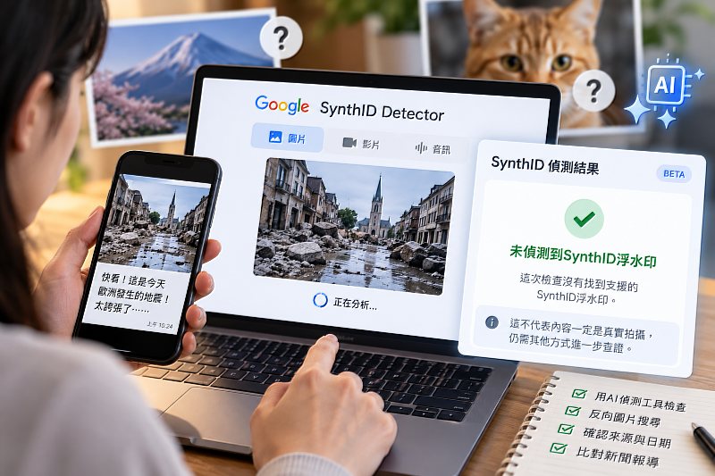 Google正式開放SynthID Detector AI浮水印偵測工具,讓使用者能檢查圖片、影片及音訊是否含有特定AI生成標記。不過,「未偵測到AI浮水印」不代表內容一定是真實拍攝。面對網路流傳的可疑影像,除了使用AI偵測工具,仍應搭配反向圖片搜尋、確認發布來源與日期,才能降低被錯誤資訊誤導的風險。圖片來源:Cloudmax 匯智/AI生成