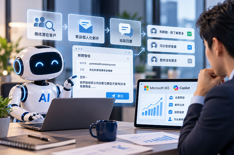 AI不只會幫忙寫信，現在還能主動尋找潛在客戶、寄送個人化郵件，並持續追蹤回覆！微軟推出Sales Development Agent，讓AI逐步成為企業的數位業務員，並將自11月16日起依使用量消耗Copilot Credits。企業導入前，除了評估工作效率，也應考慮Copilot授權、Azure計費及預算管理。透過Cloudmax匯智資訊協助規劃AI應用架構與成本，讓AI不只是做得更多，更能真正創造業務價值。圖片來源：Cloudmax 匯智／AI生成