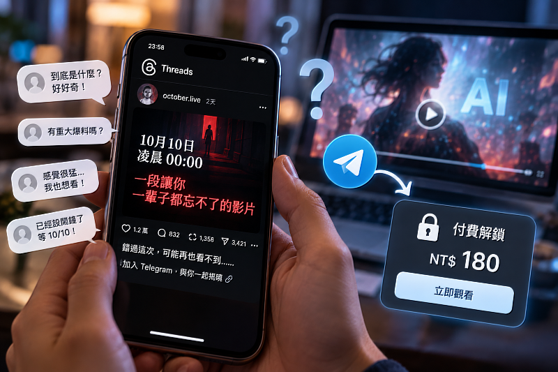 Threads近期出現神祕帳號「october.live」，透過倒數預告10月10日凌晨將公開令人難忘的影片，吸引超過10萬次瀏覽與網友熱烈猜測。沒想到，到了揭曉時間，觀看影片竟須先支付180元，部分付費網友表示，解鎖後看到的是一段令人摸不著頭緒的AI生成影片，引發不同評價。從神祕預告、社群討論到跨平台付費解鎖，這起事件也呈現出網路好奇心與社群話題的傳播效應。圖片來源：Cloudmax 匯智／AI生成