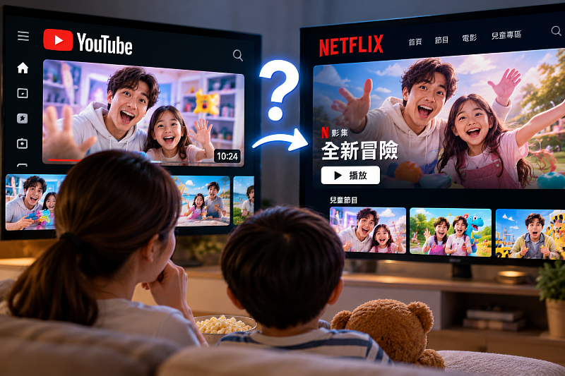 原本不讓孩子看YouTube，沒想到Netflix也出現熟悉的網紅節目！近期越來越多YouTube創作者跨足Netflix，讓部分原本希望透過不同平台篩選兒童節目的家長感到意外，也引發對串流平台內容品質與選片標準的討論。隨著網路創作者逐漸進入付費串流市場，YouTube與Netflix之間的內容界線越來越模糊，平台如何兼顧網路人氣、節目多元性與品質控管，也成為值得關注的新趨勢。圖片來源：Cloudmax 匯智／AI生成