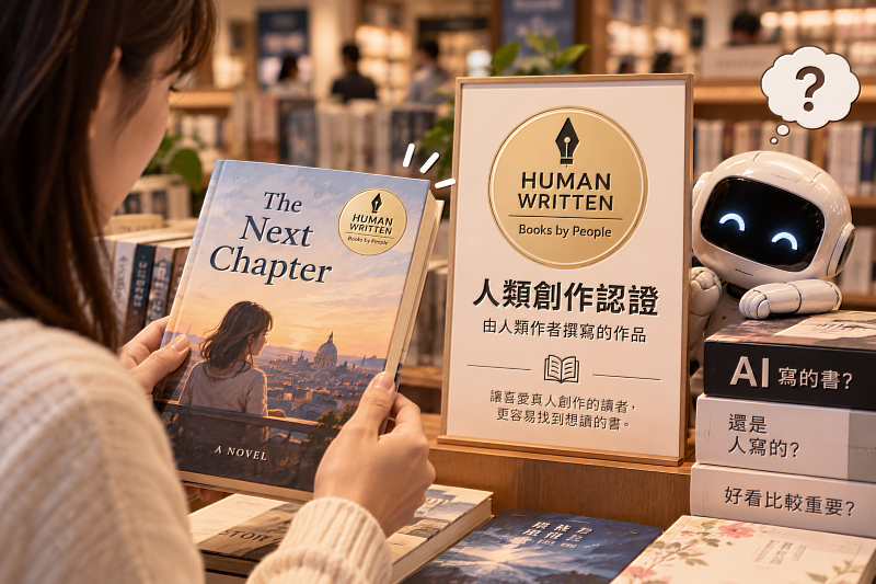 以前買書看作者、看內容,現在竟然還要確認是不是「真人寫的」?隨著生成式AI大量進入文字創作領域,英國新創Books by People推出人類創作認證制度,計畫讓符合標準的書籍使用專屬標章,協助讀者辨識作品的創作來源。這項新制度不僅反映AI對出版產業的影響,也引發討論:一本書的價值,究竟取決於內容是否精彩,還是文字背後的人類經驗與創作過程?圖片來源:Cloudmax 匯智/AI生成