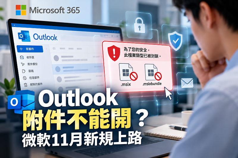 Outlook附件突然不能開？微軟宣布2026年11月更新Microsoft 365郵件安全政策，將預設封鎖.msix及.msixbundle兩種附件格式，降低惡意程式與網路攻擊風險。企業使用Outlook收發郵件，該注意哪些資安問題？