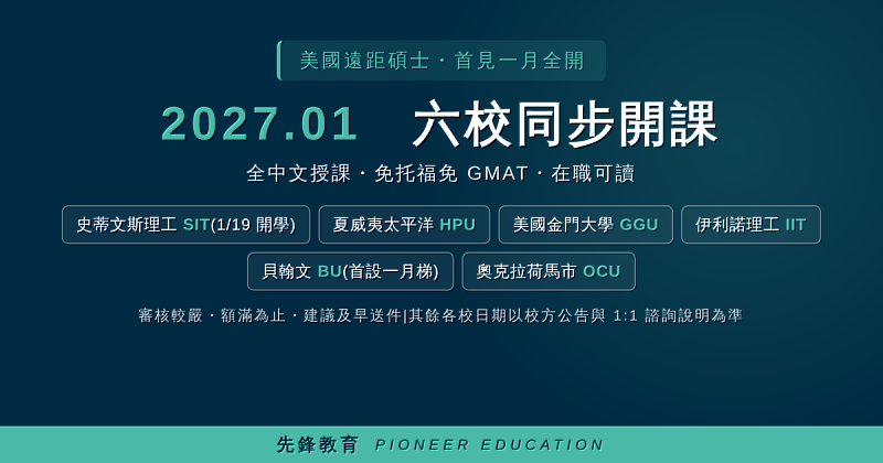 2027年1月,先鋒教育合作的6所美國大學線上碩士首次同月開課,其中貝翰文大學為首度增設1月梯次。(圖/先鋒教育提供)