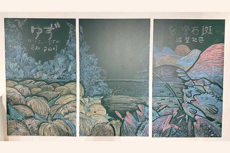 展場彩繪串連山林與海洋，呼應「那邊的山，這裏的海」的展覽主題。