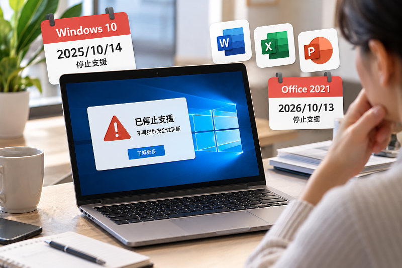 Windows 10與Office 2021已陸續停止支援,電腦雖然還能正常使用,卻不代表安全更新仍持續提供。使用者應確認軟體版本與更新狀態,避免在不知不覺中暴露於資安風險。(圖片來源:Cloudmax 匯智/AI生成)