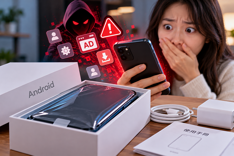 新手機才剛拆封，竟然就可能藏有惡意程式！資安公司Bitdefender近期發現，部分低價Android手機在送到消費者手上之前，系統就已遭植入惡意軟體，可能偷偷安裝App、製造假廣告點擊，甚至讓手機成為他人的網路中繼工具。這不代表所有平價手機都有問題，但也提醒消費者，買手機除了比較價格與規格，產品來源及系統更新支援同樣值得注意。圖片來源：Cloudmax 匯智／AI生成示意圖