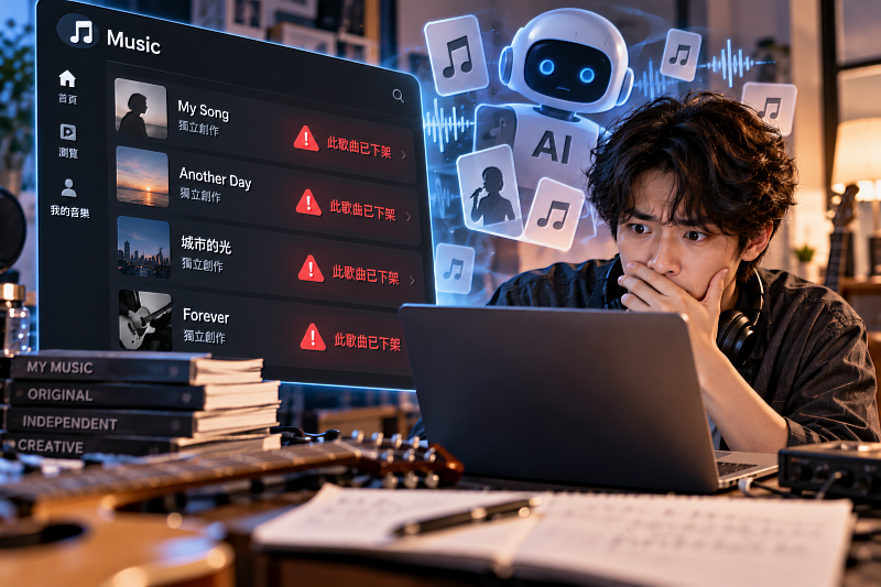 明明是自己寫、自己唱的歌曲，竟然突然從音樂平台消失！隨著AI生成音樂大量湧入串流市場，音樂產業開始加強清查涉嫌侵權的作品，卻有多名獨立音樂人反映，自己的原創歌曲也遭到無預警下架，甚至整張專輯消失。這起爭議不代表AI偵測系統已證實誤判真人創作，卻反映出音樂平台在保護著作權的同時，如何避免合法創作者受到波及，也是必須面對的問題。圖片來源：Cloudmax 匯智／AI生成示意圖
