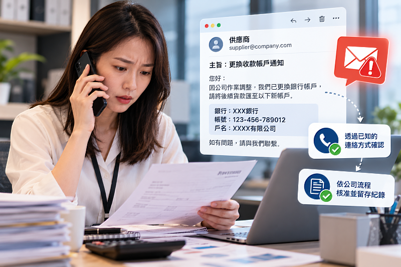 企業收到供應商要求變更收款帳戶的Email時，應透過原有聯絡管道再次確認，避免落入商務郵件詐騙陷阱。Cloudmax匯智資訊提醒，除了建立付款審核與紀錄留存流程，也應重視企業網域、郵件身分驗證及帳號權限管理，從技術與內部流程雙管齊下，降低營運風險。（圖片來源：Cloudmax匯智／AI生成）