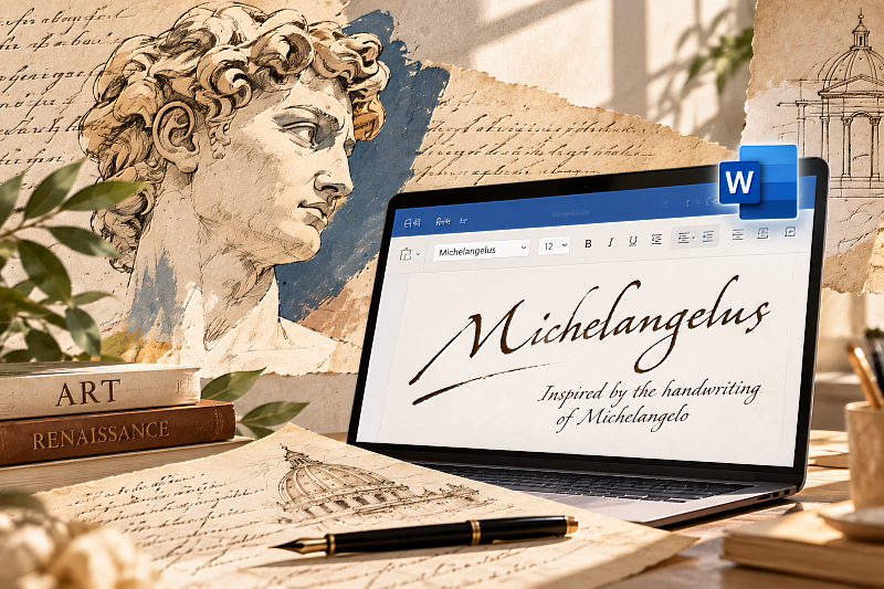 文藝復興藝術大師米開朗基羅的手寫文字，如今成為數位字型「Michelangelus」的設計靈感。設計團隊參考其歷史手稿與藝術作品，重新詮釋成現代電腦可使用的字型，預計今年底加入Microsoft 365應用程式，讓數百年前的藝術美學走進日常文件與數位創作。（圖片來源：Cloudmax匯智／AI生成示意圖）