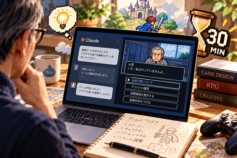 《勇者鬥惡龍》系列創作者堀井雄二，近日利用AI工具Claude，僅花約30分鐘就製作出一款可透過瀏覽器遊玩的短篇推理遊戲。AI讓遊戲創作的門檻逐漸降低，即使不擅長程式設計，也有機會將創意快速變成作品，但如何讓遊戲真正好玩，仍需要創作者持續設計、測試與改善。（圖片來源：Cloudmax匯智／AI生成示意圖）