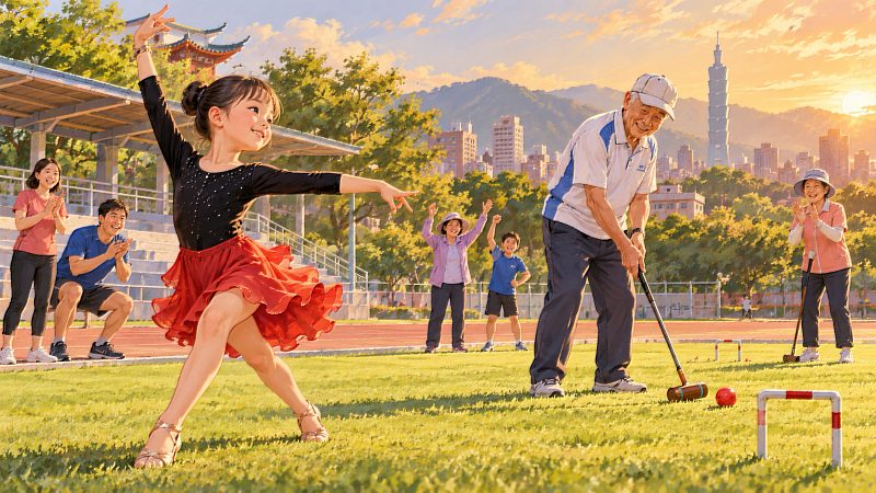 從6歲到88歲，桃園全民運場上有不同世代的選手。6歲邱靜慧參與舞蹈運動，88歲邱垂源挑戰木球，年齡相差82歲，仍用自己的方式站上賽場。運動不只關乎輸贏，也讓不同人生階段的人找到參與的樂趣。圖片來源：Cloudmax 匯智／AI生成示意圖（非本人、非實際賽事畫面）