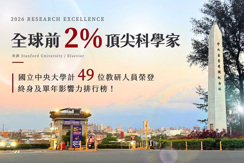 2026「全球前2%頂尖科學家」，中央大學計49位教研人員榮登終身及單年科學影響力排行榜。