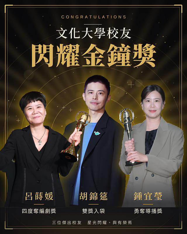 文化大學校友在第61屆電視金鐘獎表現亮眼,從戲劇編劇、導演到綜藝導播,以專業與熱情在影視產業發光發熱。