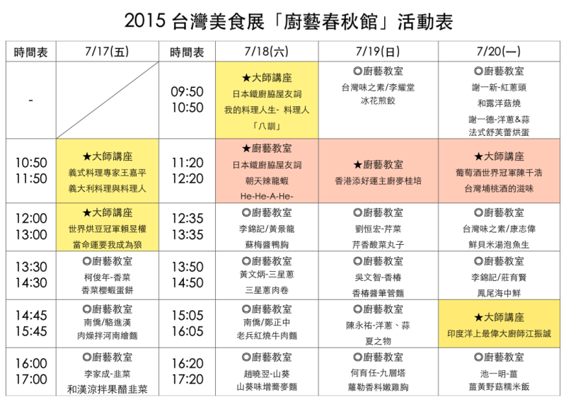 廚藝活動時間表