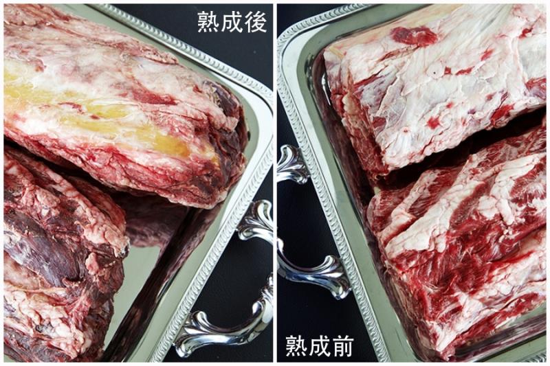 熟成前後對照圖，明顯可見到熟成後的肉質，牛肉外層的牛肉與表皮油脂因水分喪失風乾變硬，形成有如金華火腿一般的硬殼，不僅有助於鎖住內部的水分，乾式熟成的牛肉因接觸空氣而快速分解蛋白質、分泌酵素，使得牛肉呈現如同醇酒般的發酵風味。