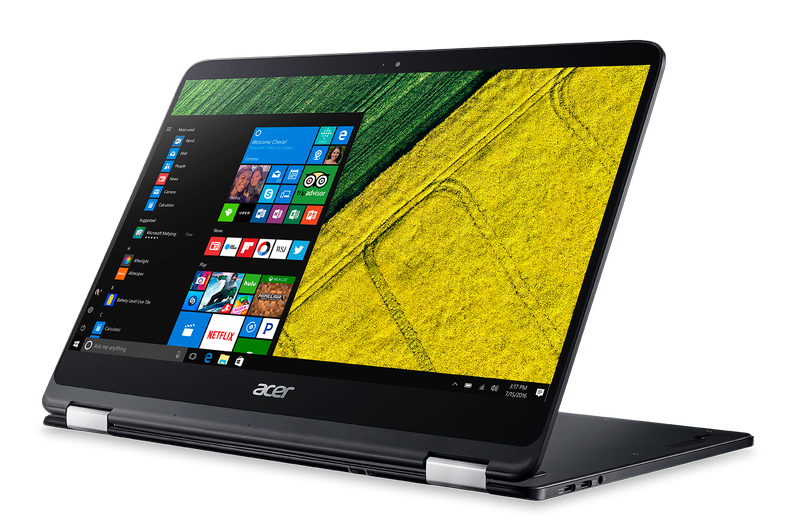 宏碁Spin系列搭載Windows 10，360度可翻轉承軸，有各種使用情境，如便於打字的筆電模式（Notebook）、適合觸控的平板模式（Tablet）、享受影音娛樂的站立（Tent）與展示（Display）模式，給予使用者最大的使用彈性（圖為Spin 7，宏碁提供）