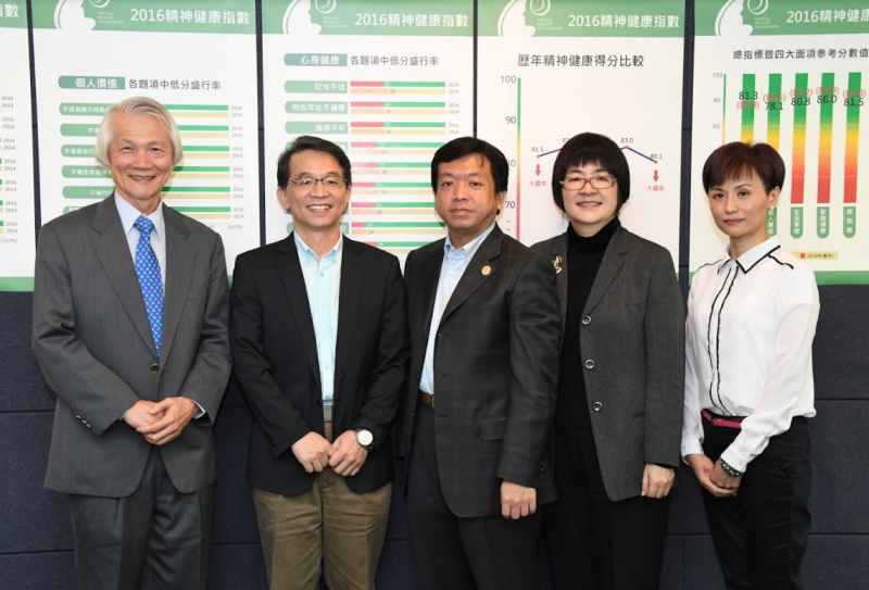 左起精神健康基金會董事長胡海國、基金會精神健康指數組召集人楊聰財醫師，臺北市政府社會局局長許立民、新北市政府社會局局長張錦麗、活動主持人魏兆玟。