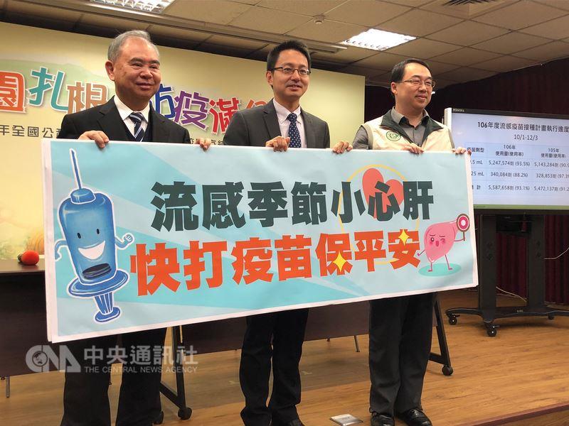 衛福部疾管署副署長羅一鈞（中）5日表示，流感併發重症的患者中，以合併有糖尿病、心血管疾病的患者為主要危險族群，第3名則是慢性肝病患者，嚴重甚至可能導致肝衰竭，呼籲把握最後一個月到醫療院所施打公費流感疫苗。中央社記者張茗喧攝 106年12月5日