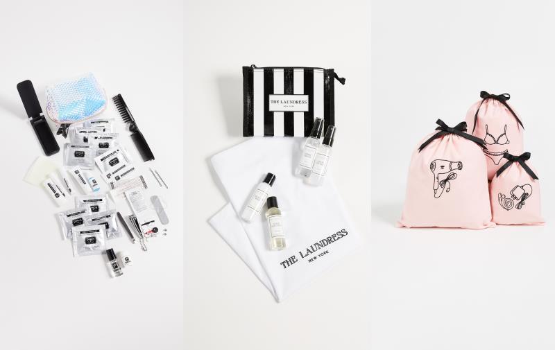 禮物精品舘Pinch Hologram女急用包US$35、The Laundress 旅行組US$50、禮品精品舘旅行收納包3件裝US$30。