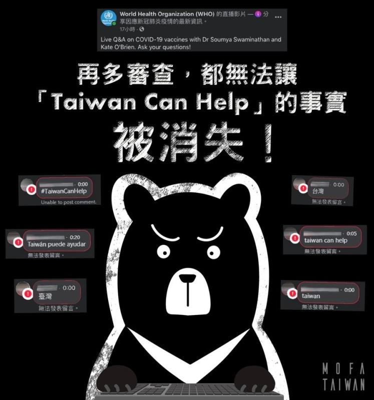 世界衛生組織（WHO）臉書粉絲團近日大量封鎖提及Taiwan的留言。外交部長吳釗燮12日指出，對WHO秘書處的作法非常不滿、遺憾，已透過管道提出抗議。（圖取自facebook.com/mofa.gov.tw）