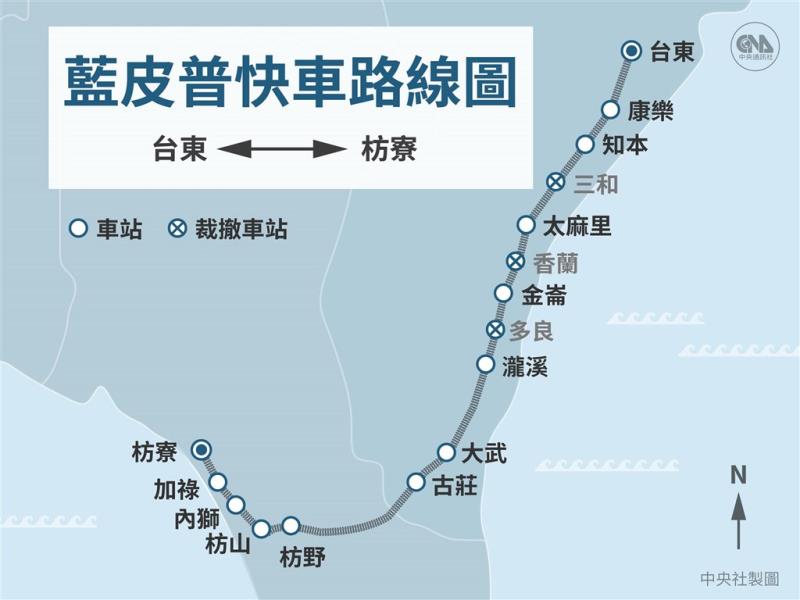 藍皮火車在南迴線行經加祿、內獅、枋山、枋野、古莊、大武、瀧溪、多良、金崙、香蘭、太麻里、三和、知本、康樂到台東，枋寮到知本區間電氣化20日通車。（中央社製圖）