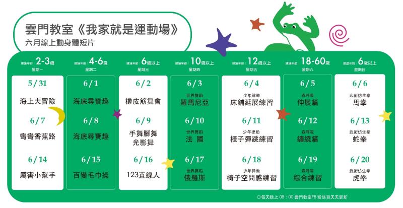 雲門教室線上運動 《我家就是運動場》預計釋出超過30支以上身體影片，每晚8點新鮮上架免費收看 無論大人小孩暑假都不無聊
。