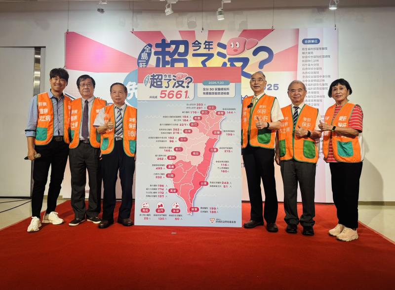 肝基會2025全台免費腹超大活動圓滿結束～左一；主持人侯昌明、好心肝診所院長邱世賢醫師、肝基會董事長許金川教授。右一：肝基會執行總監黃婉瓊、好心肝醫療事務發展執行長李𢡟華醫師、肝基會總執行長楊培銘教授。