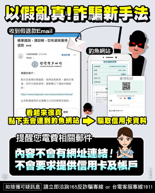 電郵申請電費退款陷阱！台電提醒：圖片連結有詐，切勿點擊