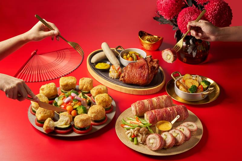 福容連鎖今年推出三款異國新春料理，「金福培根嫩雞捲」、「皇家藍帶炸豬排」及「德意金脆豬腳盤」