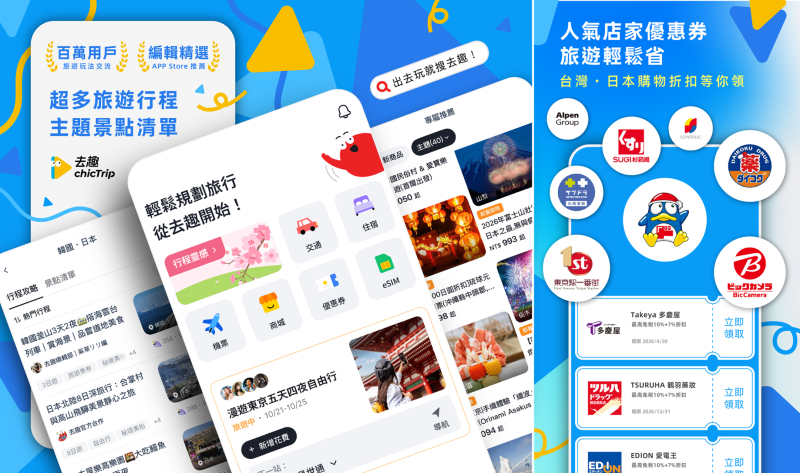 去趣擁有100萬筆以上的日本行程與豐富的日本店家優惠券